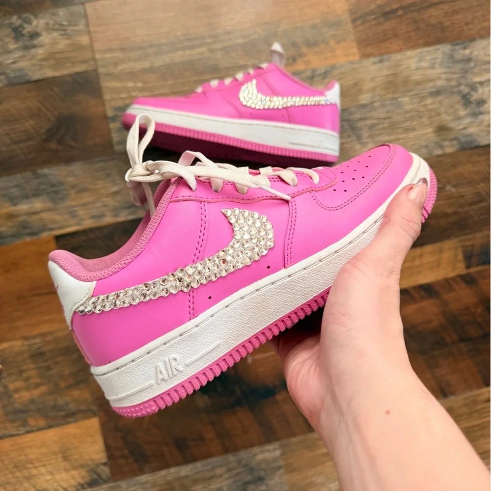 Pink Y2K Bedazzled Nike Sneakers with Rhinestone Swoosh on outside 4Y Barbiecore